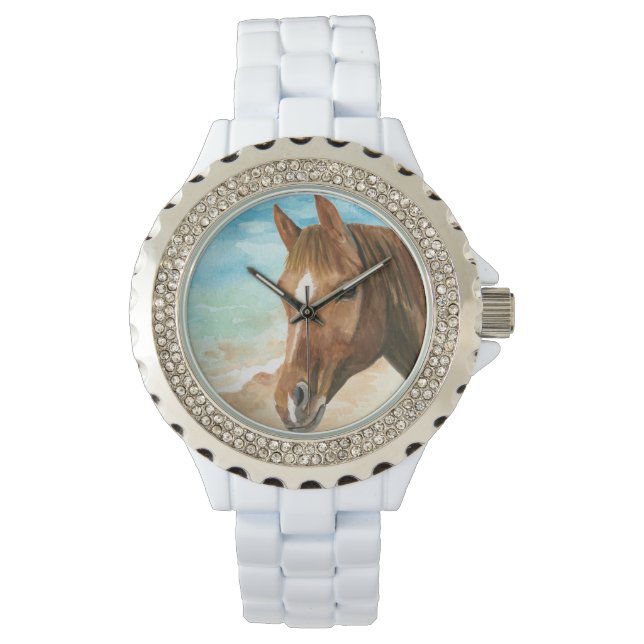 Montre Plage d'aquarelle de cowgirl côtière et cheval (devant)