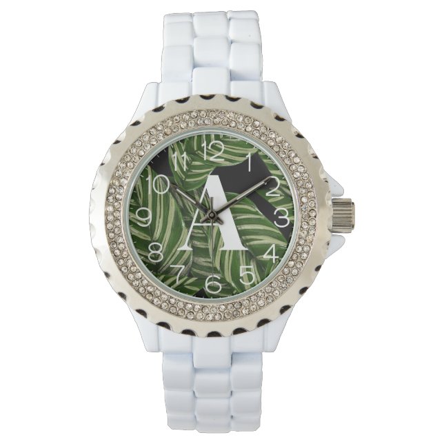 Montre Plante de feuille tropicale moderne Imprimer Monog (devant)