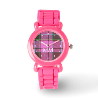 Montre Plaque de tartan rose et vert monogrammée
