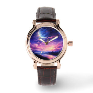 Montre Pleine lune Céleste Étoiles Nuages Mystique Violet