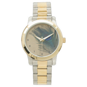 Montre Plume métallique de paon d'or