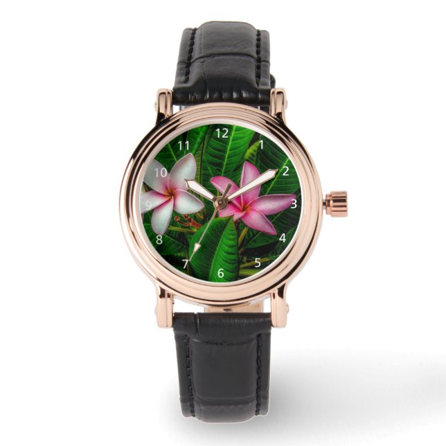 Montre Plumerias en Vidéo blanche et rose (Recto)