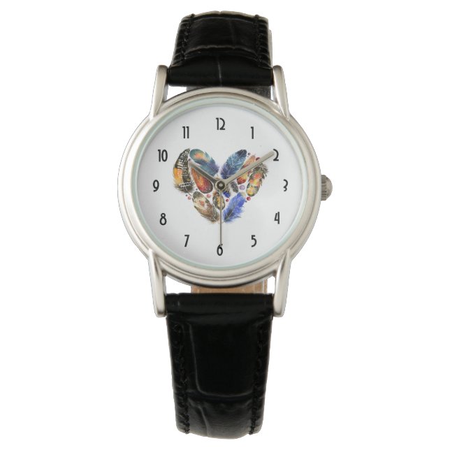 Montre Plumes en forme de coeur Aquarelle Design (devant)