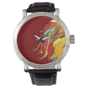 Montre Plumes Tribales Exotiques Colorées Rouge