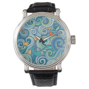 Montre Poissons parmi le motif de vagues