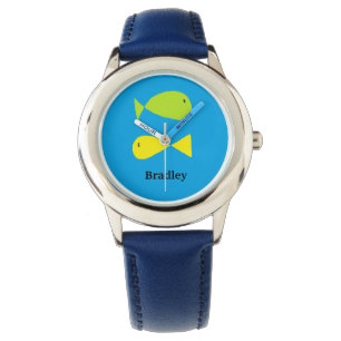 Montre Poissons verts et jaunes mignons sur le bleu