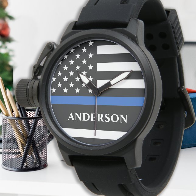 Montre Police Personnalisée Ligne Bleue Mince Police (Créateur téléchargé)