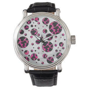 Montre Polka Dot Cow Hot Rose et Black Print