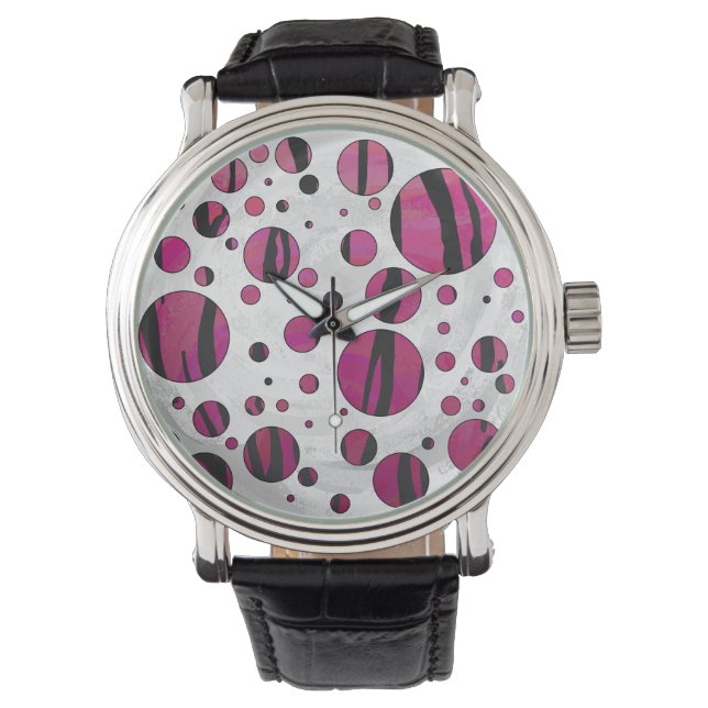 Montre Polka Dot Tiger rose chaud et noir (devant)