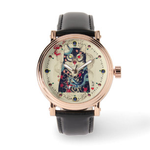 MONTRE PORTRAIT DE CHAT SAMURAI AVEC TATOS SERPENTS