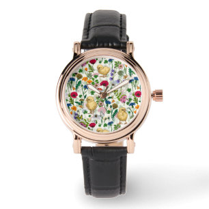 Montre Poulets et fleurs sauvages sur blanc cassé