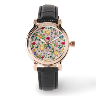 Montre Poulets et fleurs sauvages sur coton bonbon rose