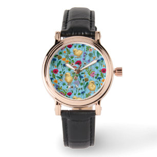 Montre Poulets et fleurs sauvages sur le bleu bébé
