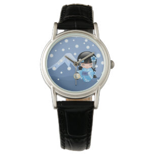 Montre Poupée de Kokeshi d'hiver - fille de geisha bleue