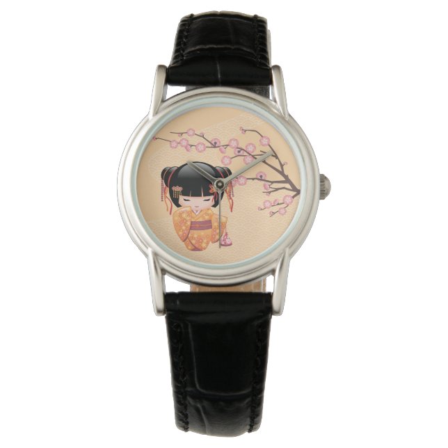 Montre Poupée Ume Kokeshi - Peach Kimono Geisha Girl (devant)