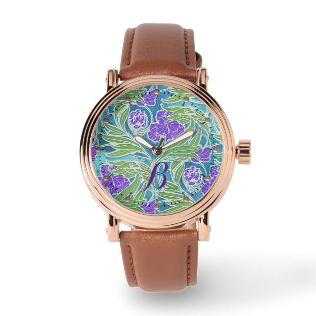 MONTRE PURPLE FLEUR DE LIS, VERT FEUILLE AQUA BLEU FLORAL (Recto)