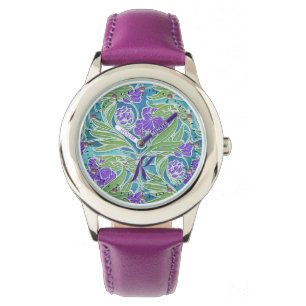 MONTRE PURPLE FLEUR DE LIS, VERT FEUILLE AQUA BLEU FLORAL