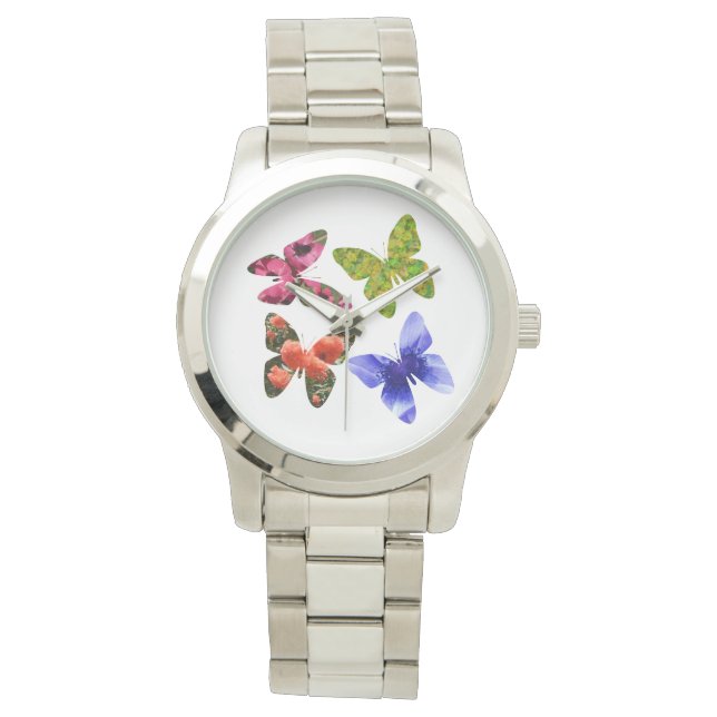 Montre Quatre Papillons Fleurs, Grande Unisex (devant)