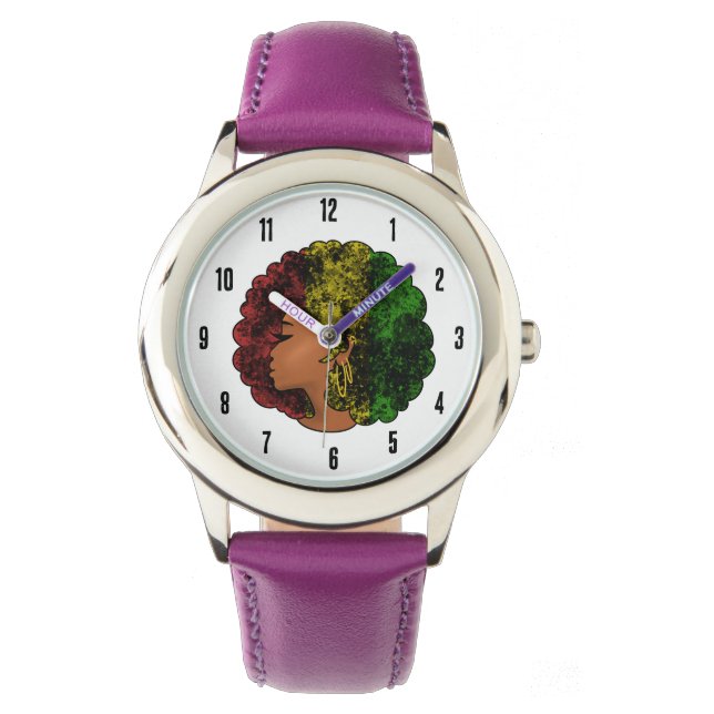 Montre Rasta femme noire afro rouge jaune vert (devant)