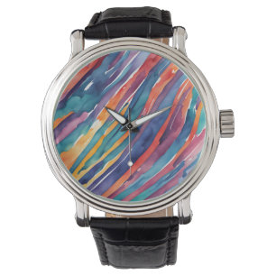 Montre Rayures Aquarelle Orange, Rose Bleu Vert Violet