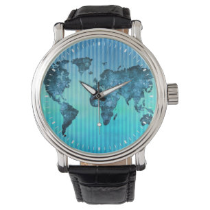 Montre Rayures bleues au néon de la carte du monde