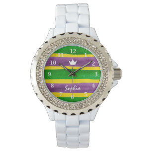 Montre Rayures pourpres peintes à la main d'or vert de