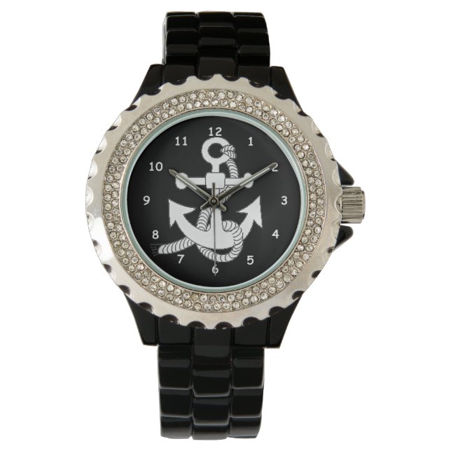 Montre Regarder - Ancre blanche sur noir (devant)