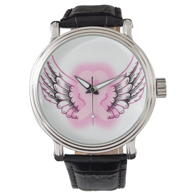 Montre Regarder les ailes du coeur rose en ruban/noir (devant)