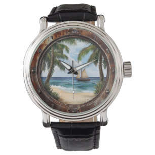 Montre Retraite côtière de fenêtre nautique Plage rustiqu