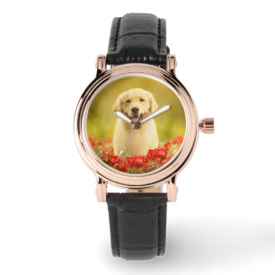 Montre Retraite d'or en fleurs rouges