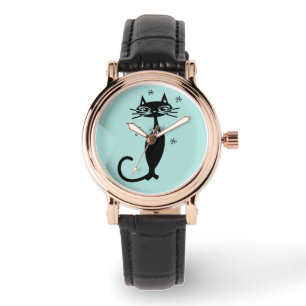 MONTRE RETRO CHAT NOIR WOMENS BLUE WRIST WATT WATT