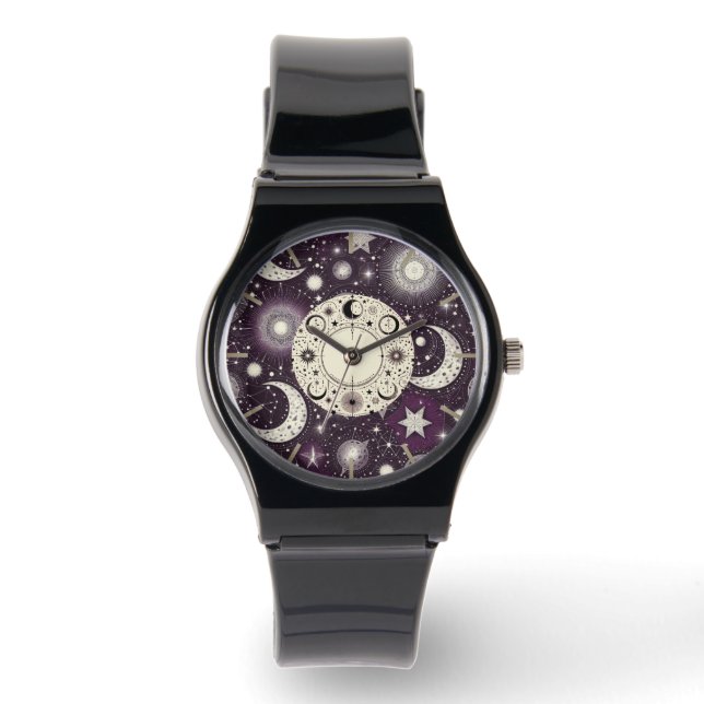 Montre Rêves célestes violets et blancs : Lune et étoiles (Recto)