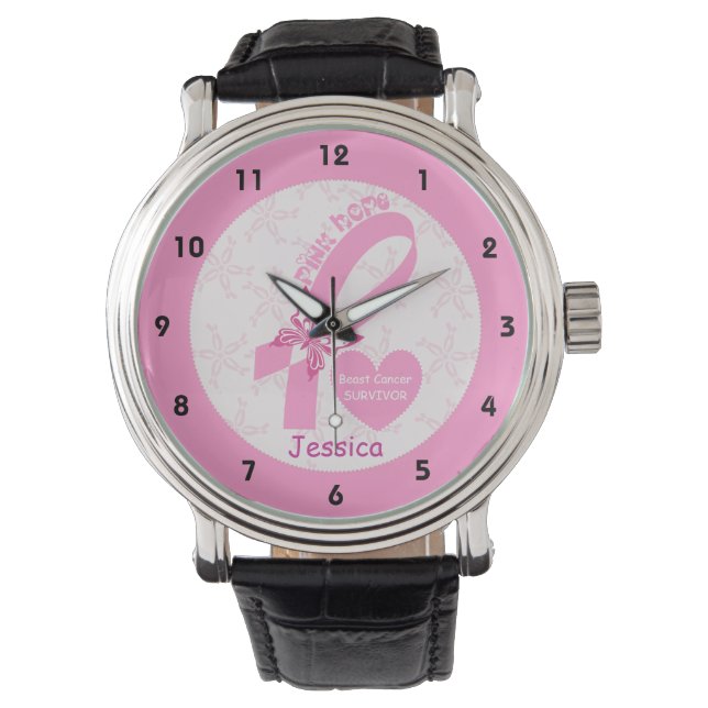 Montre Ribbon rose Survivant du cancer du sein et frontiè (devant)