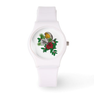 Montre Robin rouge sur décoration de Noël