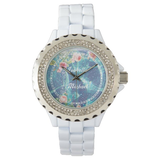 Montre Romantique bleu customisé noms de couple (devant)