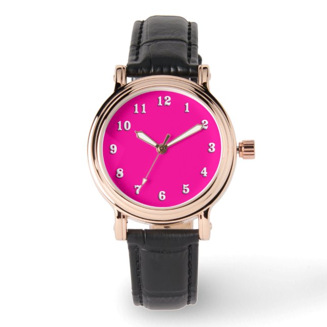Montre Rose chaud solide avec chiffres blancs (Recto)
