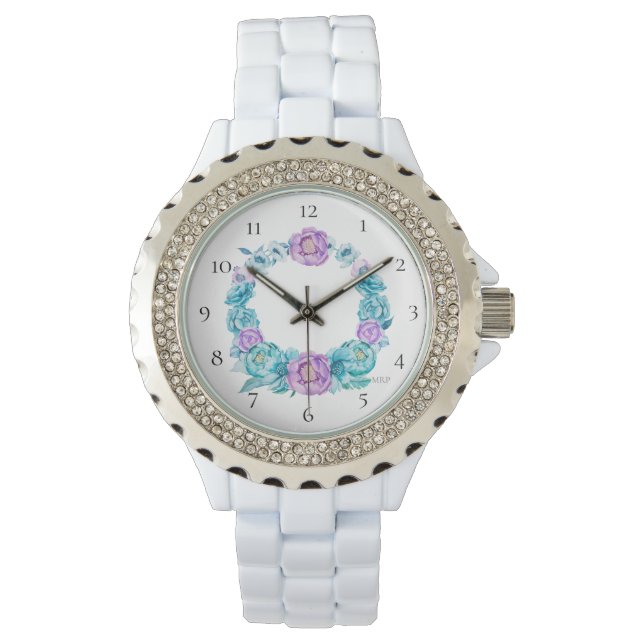 Montre *~* Rose de plage Turquoise Magenta Flower Wreath (devant)