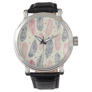 Montre Rose et motif ethnique pourpre de plume