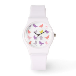 Montre Rose et oiseaux en pastel pourpres avec la volière