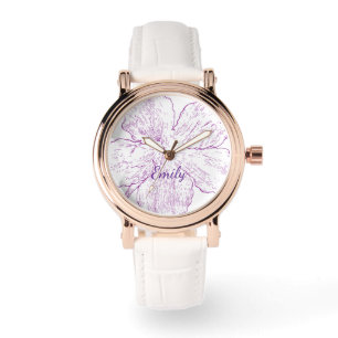 Montre Rose Gold Élégant & Cuir Blanc Fleur Pourpre