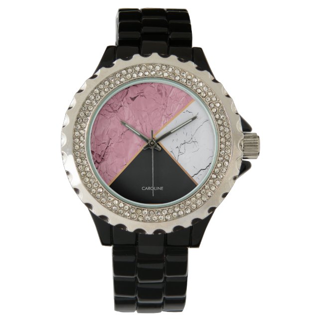 Montre Rose Gold Noir et Motif Marbre blanc (devant)