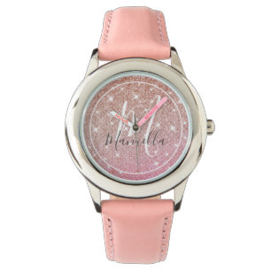 Montre Rose Gold Parties scintillant Monogramme Girl Pink