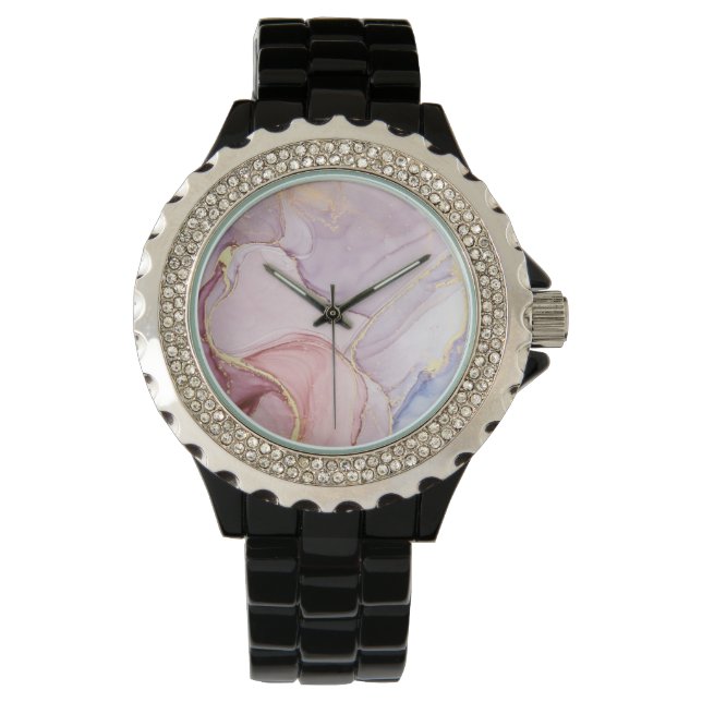 MONTRE ROSE LILAC MARBRE DESIGN NOIR SPARKLE WATCH (devant)