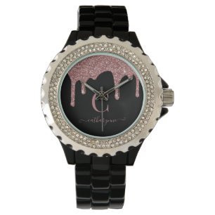 Montre Rose noir  or Parties scintillant gouttes Monogram