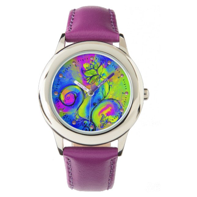 MONTRE ROSE PURPLE JAUNE VERT VERT WHIMSICAL FLEURS (devant)