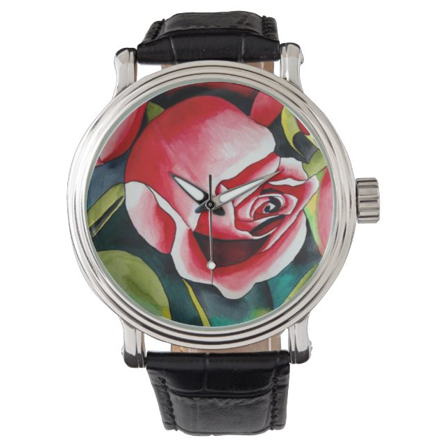 Montre Rosebud rose aquarelle peinture art fleur (devant)