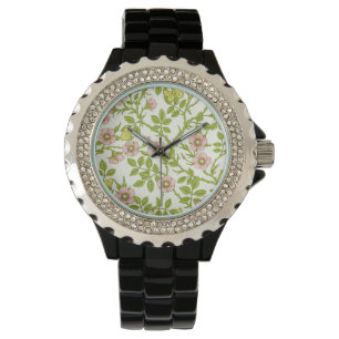 Montre Roses sauvages et papillons /rose/vert pâle/jaune