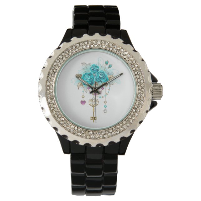 Montre Roses turquoise avec touches (devant)