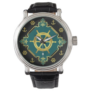 Montre Roue/ancre du navire nautique /or/noir/aqua