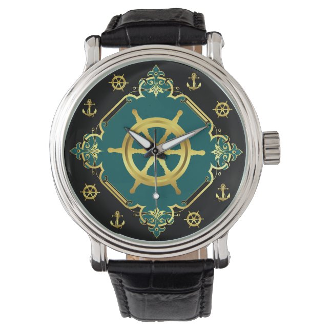 Montre Roue/ancre du navire nautique /or/noir/aqua (devant)